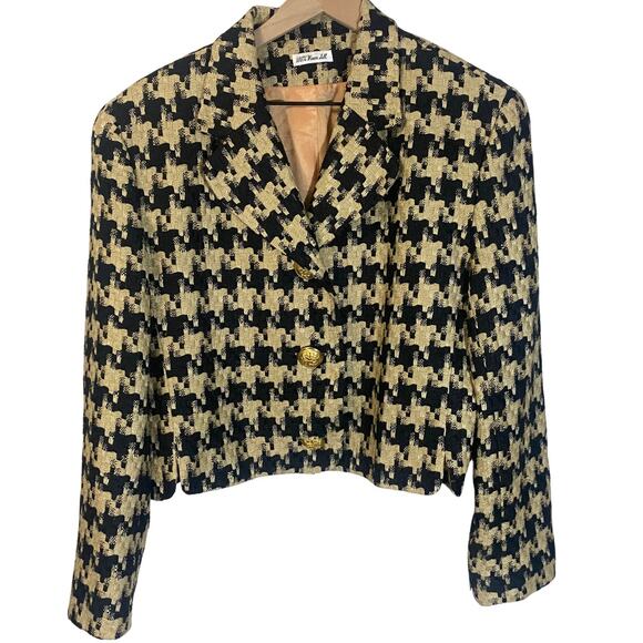 Ann May Vintage 100% Silk Short Blazer Jacket Tan Black Houndstooth Sz 12 - Picture 1 of 12